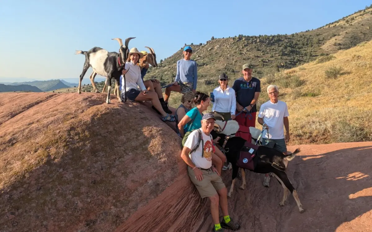 A group of goat hikers posing together on red rock near Morrison, Colorado